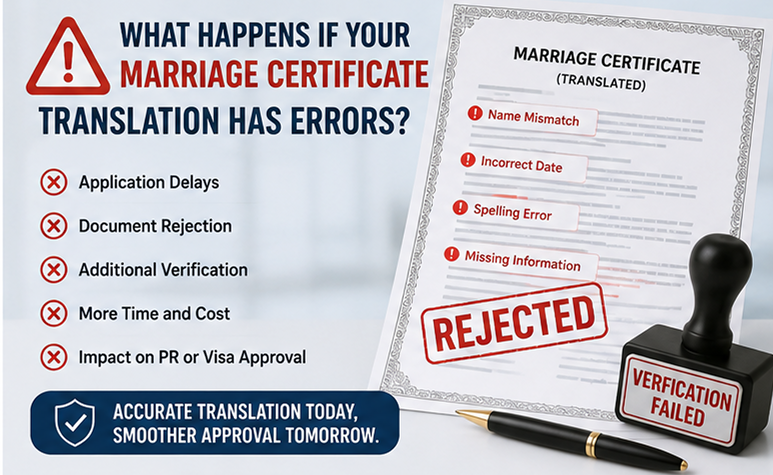 Rejected marriage certificate translation with common document errors and verification issues